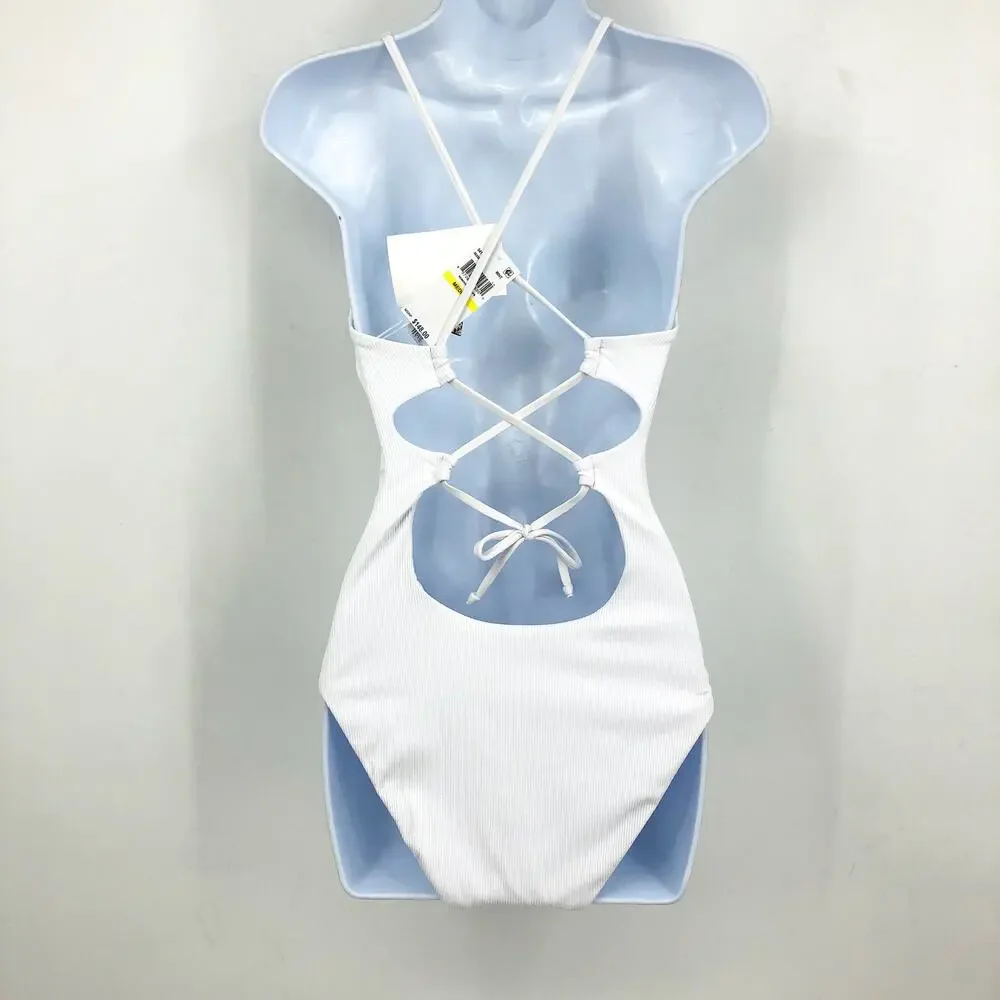 BECCA Women's Haley One Piece Swimsuit Medium White Plunge Neck  Modern Edge NWT